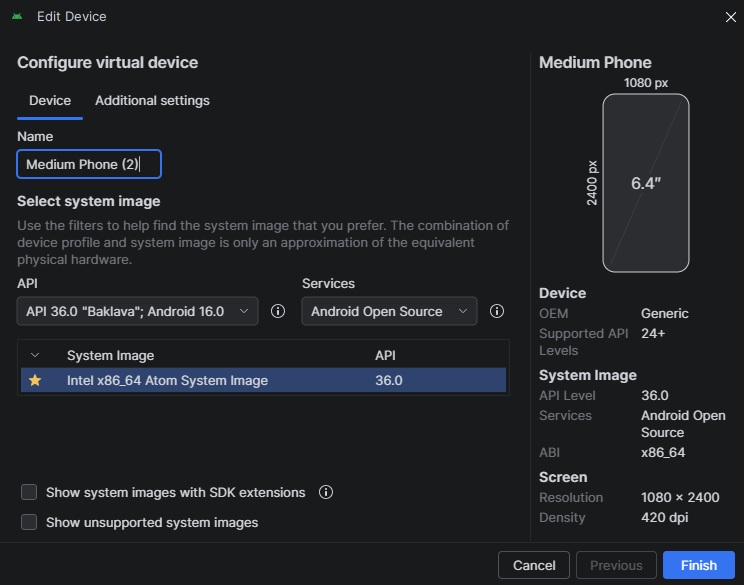 Screenshot of Android Studio configuring a new virtual device