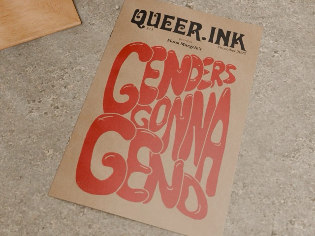 Front cover of an A5 zine with large red text reading "genders gonna gend"