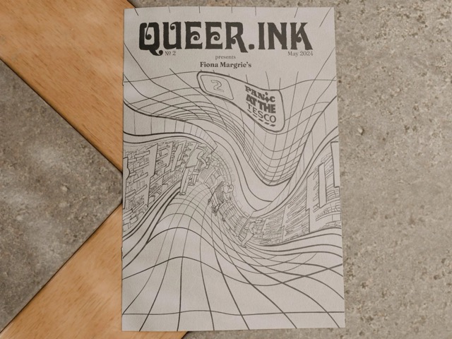 Front cover of an A5 zine featuring a drawing on a distorted supermarket