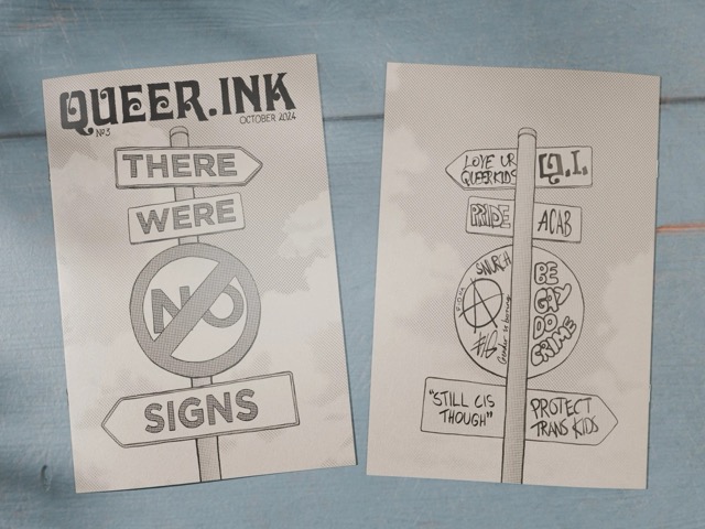Front and back covers of an A5 zine called "there were no signs"